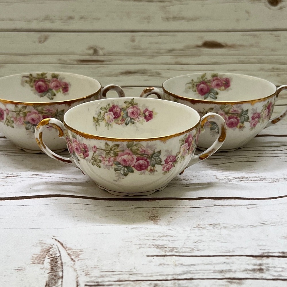 Elite Works Limoges Bouillon Cups Pink Rose Gold Trim Antique Set of 3